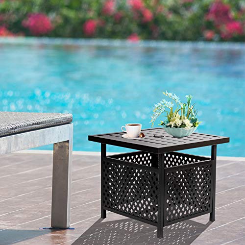 Solaura Patio Side Table With 1.57" Umbrella Hole, Square Outdoor Patio Bistro Table With Outdoor Iron Umbrella Base Stand- Black #TOP1