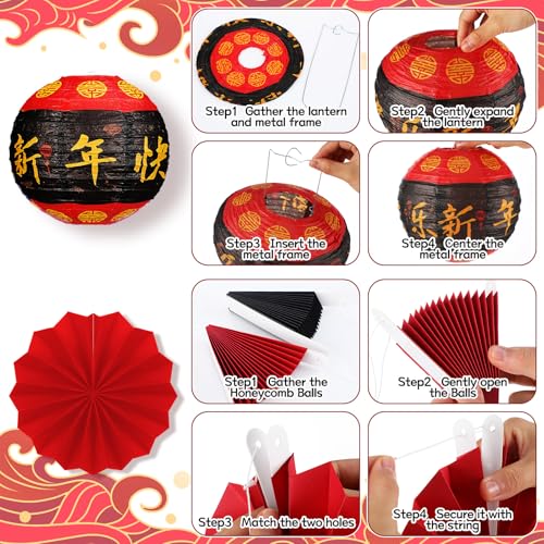 Image of Retisee 18 Pcs 2026 Chinese Lunar New Year Decorations Lunar New Year Paper Lanterns Hanging Paper Fans Red and Black Honeycomb Balls Chinese Lanterns Asian Decor for Spring Festival Celebration