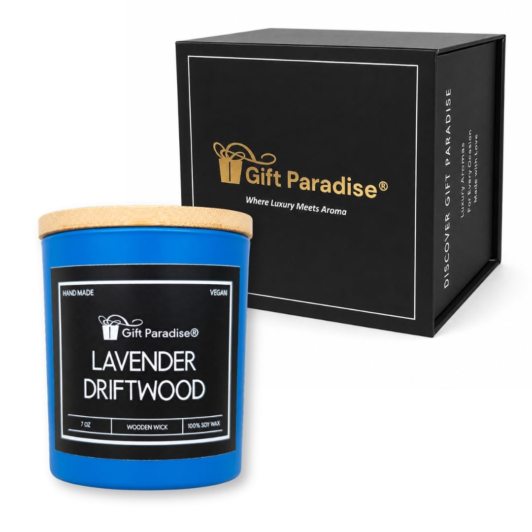 Gift Paradise® Candela in cera di soia alla lavanda – Barattolo di vetro blu da 200 ml con coperchio in bambù, stoppino in legno scoppiettante, scatola regalo magnetica di alta qualità, candela