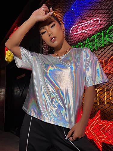 Wdirara Women's Short Sleeve T Shirts Metallic Shiny Top Casual Round Neck Party Disco Club Tees Silver M #TOP2
