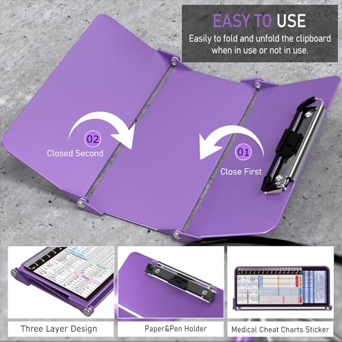 Image of Nursing Clipboard Foldable, Foldable Clipboard w /Nursing Edition Medical Charts, 3 Layers Aluminum, Nurse Clip Board w /Low Profile Clip&Pen Clip for Students, Nurses and Doctors, Purple