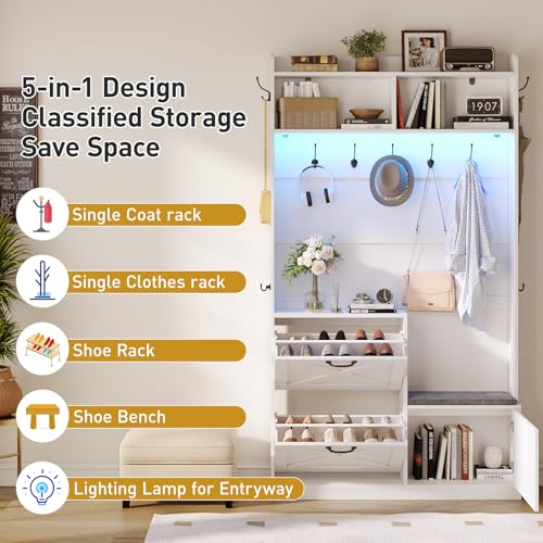 Maupvit Entryway Hall Tree with Bench and Shoe Storage, 5-in-1 Narrow Hall Tree with LED Light, Cushioned Stool & 9 Hooks, 2 Flip Drawers, 78\" Coat Shoe Rack for Mudroom, Hallway, Living Room, White
