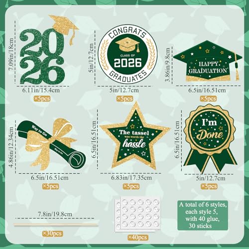 Image of kockuu Glitter Green Gold Graduation Decorations for Class of 2026-30pcs Green Gold Double Sided Graduation Table Centerpieces Sticks with LED String Lights for College High School Grad Party Decor