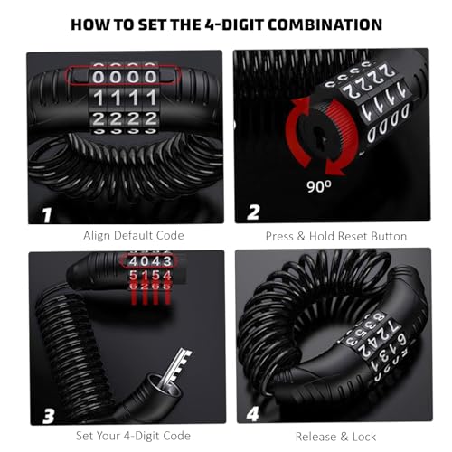Image of Pivalo 4-Digit Combination Cable Lock Anti-Theft Heavy Duty Coiled Security Lock for Bike, Helmet, Cycle & Luggage (Black, 1 Pack)