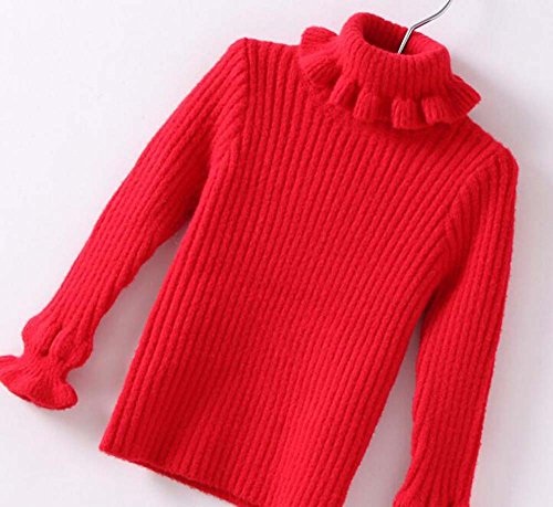 Pure Color Turtleneck Agaric Laces Warm Pullover Sweater (7T(height:130cm), Red)2