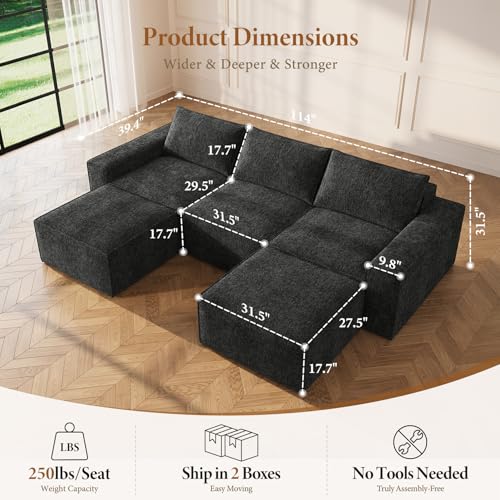 Image of Vesgantti 114 inch Boneless Modular Sectional Sofa, Modern U Shaped 5 Seater Couch with 2 Ottoman & Deep Seat, Convertible Chenille Cloud Couches for Living Room, No Assembly Required, Black