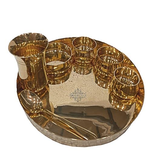 INDIAN ART VILLA Brass Gold Finish Design 7 Pieces Dinner Set/Thali Set Laid Free for Dinnerware, Tableware or Crockery