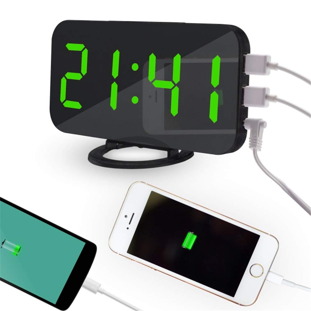 GlasFlength Sveglia Digitale da Comodino, LED Orologio Sveglia Digitale da Comodino con 11 Luminoso Notte RGB 7 Orologio a Specchio Snooze Sveglia Luminosità Regolabile Volume 2 Porte USB, 12/24H