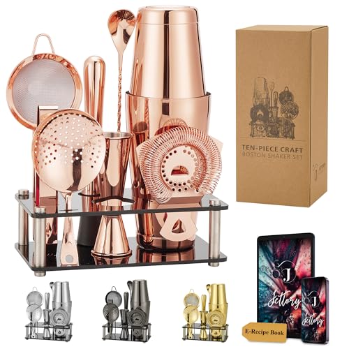 Jettory Boston - Set Shaker da Cocktail in Acciaio Inox, 10 Pezzi, Con Base Acrilica, Colino, Pinza per Ghiaccio, Cucchiaio, Misurino, Pestello, Perfetto per il Bar di Casa (Oro Rosa)