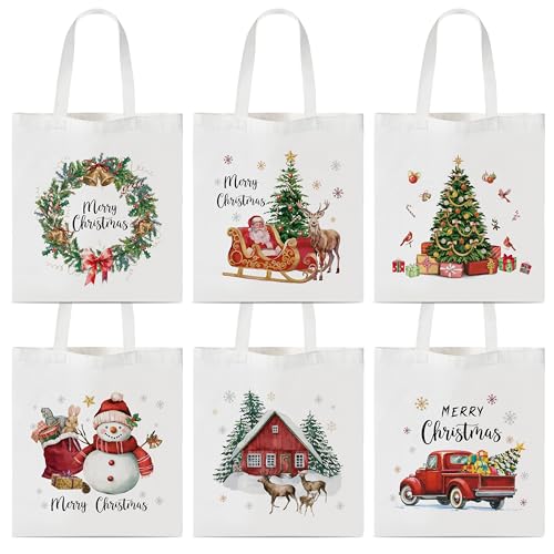 Y1tvei Conjunto de bolsas de lona de Natal - 6 peças adorável boneco de neve de lona de árvore de Natal, bolsa de mão com estampa de aquarela, sacolas de compras dobráveis reutilizáveis, presente de