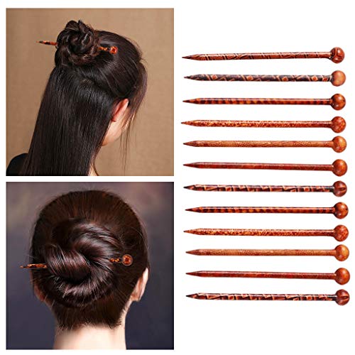 F Fityle 12Pieces Flowers Print Wooden Hair Sticks Natural Sandalwood Hairpin Hair Accessory Hair Chopsticks Japanese for Women Girl - 130mm in Length