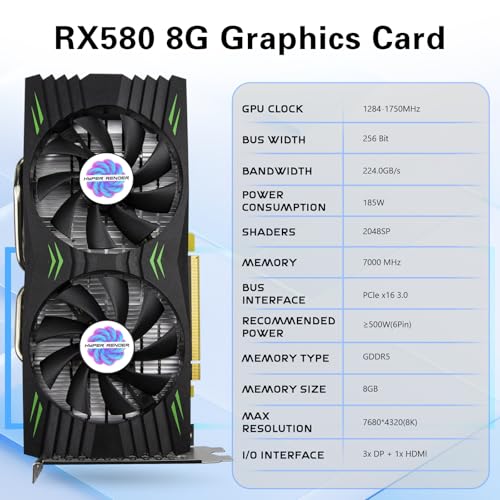 Image of RX 580 Graphics Card 8GB 2048SP GDDR5 256 Bit PC Gaming Video Card 3*DP 1*HDMI PCI Express 3.0 with Freeze Fan Stop for Desktop Computer GPU for Gaming PC