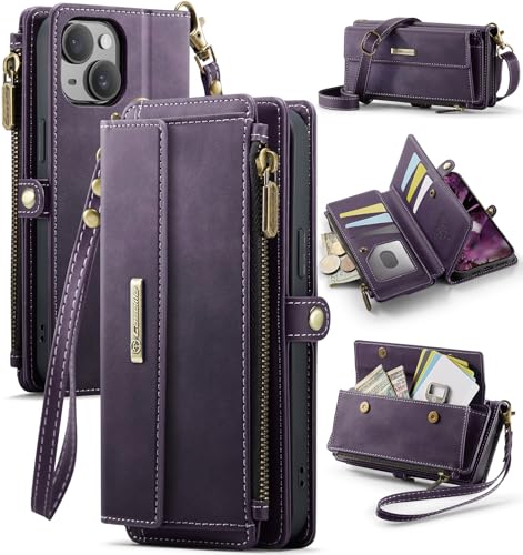 Étui iPhone 15 Plus violet anti-piratage avec 9 rangements cartes pour stopper le vol RFID