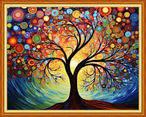 Image of Findvoor Stamped Cross Stitch Kits for Beginner Embroidery Kits for Beginners Adults DIY 11CT Cross Stitch Patterns Needlepoint Kits Crossstitching Kits-Van Gogh Colored Tree 16x20 inch