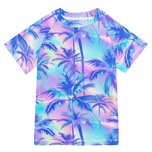 ALAZA Boys Swim Shirt Short Sleeve Rash Guard for Boys Girls UPF 50+ Colorful Plam Trees 9-10T