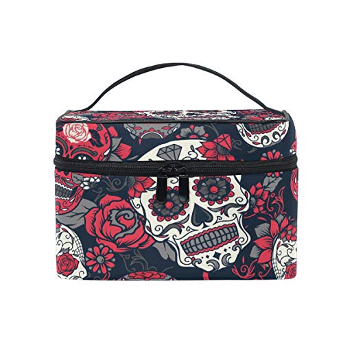 Large Makeup Bag Organizer Floral Flower Rose Sugar Skull Cosmetic Case Bag Toiletry Storage Portable Zipper Pouch Travel Brush Bag for Women Lady