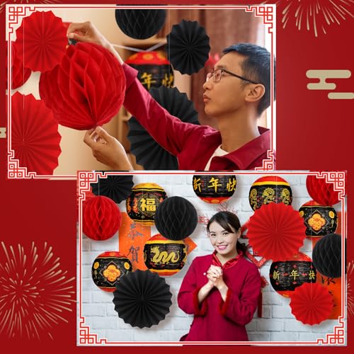Image of Retisee 18 Pcs 2026 Chinese Lunar New Year Decorations Lunar New Year Paper Lanterns Hanging Paper Fans Red and Black Honeycomb Balls Chinese Lanterns Asian Decor for Spring Festival Celebration