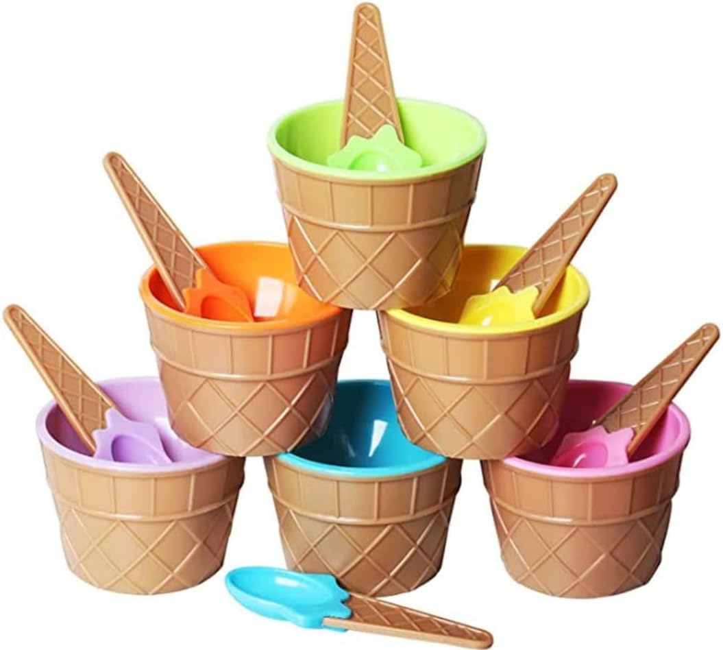 PICCASIO™ 6Pcs Ice Cream Bowls with Spoons, Dessert Bowls and Matching Spoons-Plastic-Wafer Design, Party Favors Dishes ice crem kits supplies for kid