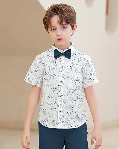 YALLET Boys Short Sleeve Shirts Button Down Print Dress Wedding Outfits Summer Beach Casual Clothes with Bow Tie (Blue Print, 7-8 Years - Thumbnail 4
