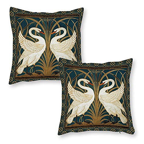 Vazzio Set of 2 Throw Pillow Covers,Bird Walter Crane Swan Rush and Iris Art Nouveau Decorative Soft Cushion Covers Pillowcase for Sofa Couch Bed Chair 18 X 18 Inches
