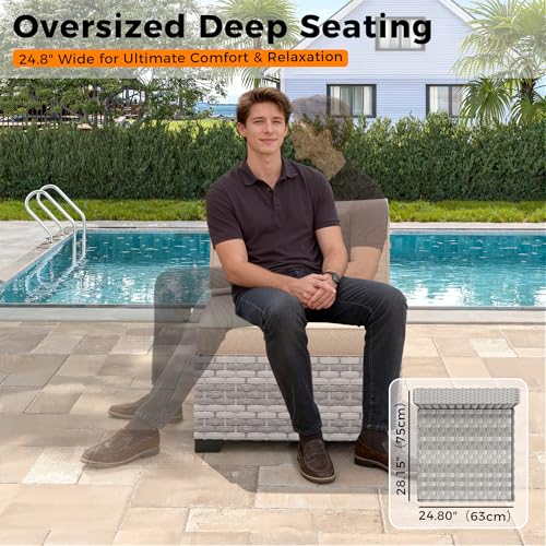 8-Seat Outdoor Wicker Patio Furniture Set with Fire Pit Table, Modular Rattan Sectional Sofa & 2 Swivel Rocking Chairs, 4" Thick Cushions, Rust-Resistant Frame,Beige - Image 7