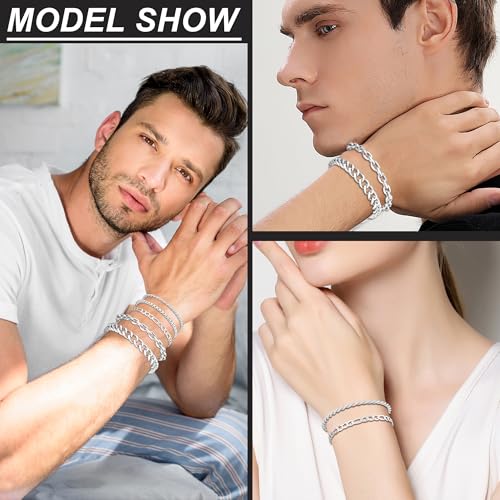 5PCS Stainless Steel Bracelets for Men, Silver Gold Black Sturdy Cuban Link Box Rope Chain Paperclip Figaro Bracelet for Women Men Jewelry Set2