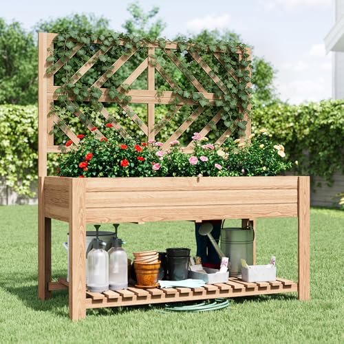 Vabches Wooden Elevated Raised Garden Bed with Trellis,47x24x55 in Planter Box with Legs and Storage Shelf,FreeStanding Gardening Planter for Flower Herb Vegetable Fruit Climbing Vines