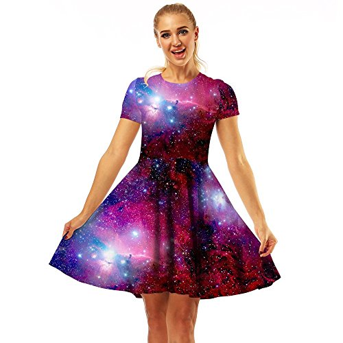 Plustrong Women's 3D Print Short Sleeve Casual Flared Midi Dress (Galaxy 004, M)