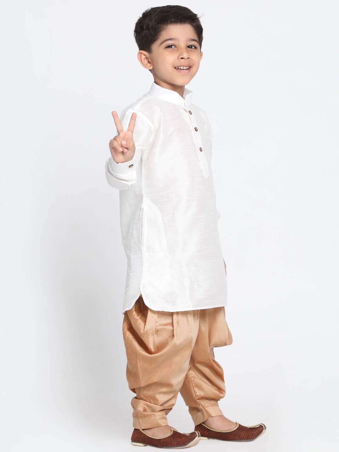 Vastramay Boys White Rose Gold Silk Blend Kurta Dhoti Set For Independence Day - Traditional Ethnic Wear
