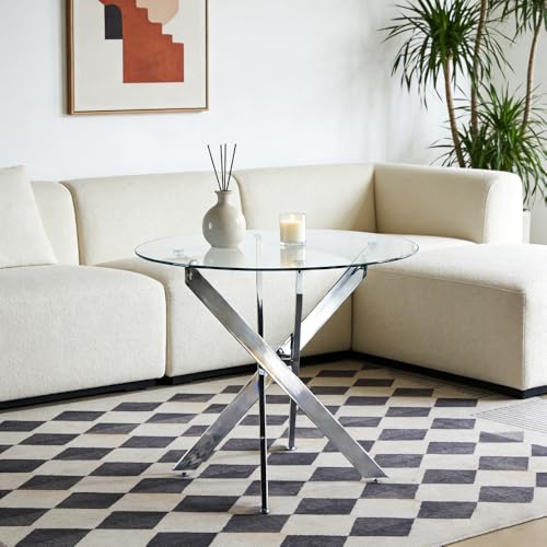 Hmluxury Table à manger ronde avec pied en croix en métal et verre trempé, table de cuisine peu encombrante pour le salon, pieds chromés ou argentés, 80 x...