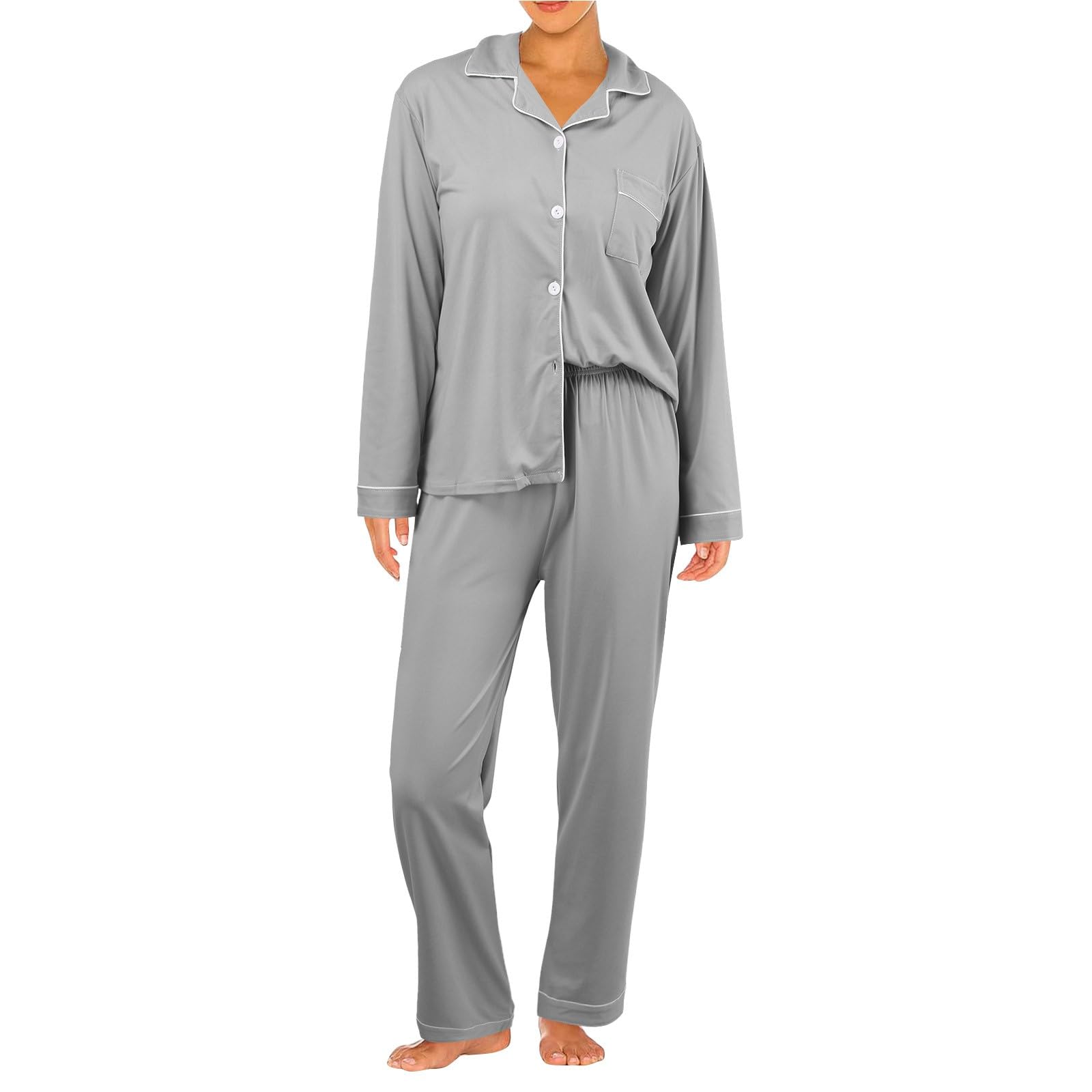 ZDSUHYIW Women's Long Pyjamas with Button Placket Pyjamas Gifts Pyjamas Stitch Pyjamas Long Two Piece Pyjamas Leisure Suit Short Sleeve Pyjama Set Pyjamas Long