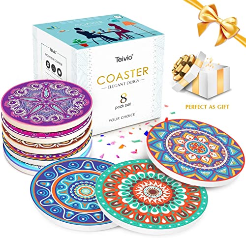 Teivio Absorbing Stone Mandala Ceramic Coasters For Drinks Cork Base With Holder, For Friends Funny Birthday Housewarming Apartment Kitchen Bar Decor, Suitable For Wooden Table, Coffee Table, Set Of 8 #TOP5