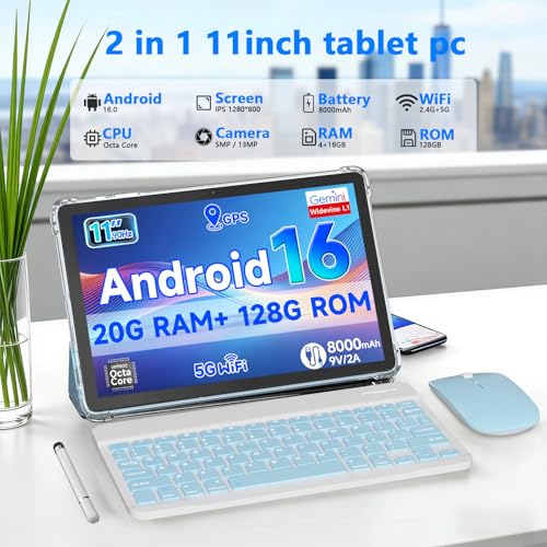 Image of PEICHENG Tablet 11-inch Android 16 with Octa-core Processor, 18GB RAM 128GB ROM, 8000mAh All-Day Battery Life, 1280X800 HD IPS Touchscreen, 5MP+13MP Dual Cameras (Blue)
