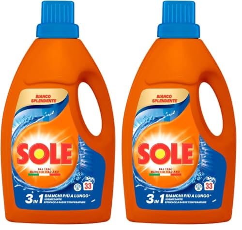 Sole Detersivo Lavatrice Bianco splendente 33 Lavaggi, Formula igienizzante, Detersivo Lavatrice Liquido Bianco Splendente, rimuove le macchie a basse temperature (Confezione da 2)