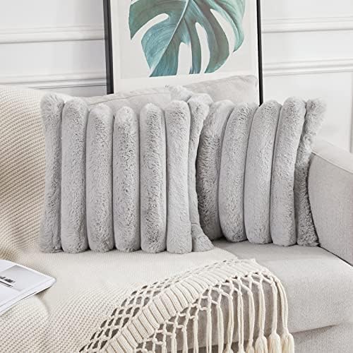 Joyouth Faux Fur Plush Throw Pillow Covers 24x24 Inch Set of 2 - Luxury Decorative Fuzzy Striped Soft Cozy Pillowcase for Couch, Sofa, Living Room - Light Grey