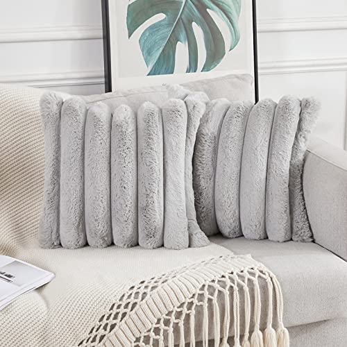 Joyouth Faux Fur Plush Throw Pillow Covers 24X24 Inch Set Of 2 - Luxury Decorative Fuzzy Striped Soft Cozy Pillowcase For Couch, Sofa, Living Room - Light Grey #TOP2