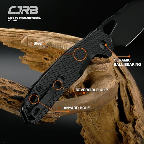 Image of CJRB Frack Pocket Knife, 3.9 inch AR-RPM9 Steel Blade PVD Coating Frag Pattern Steel Handle EDC Knife, Button Lock Knife for Outdoor Camping Gift, Black (J1931)
