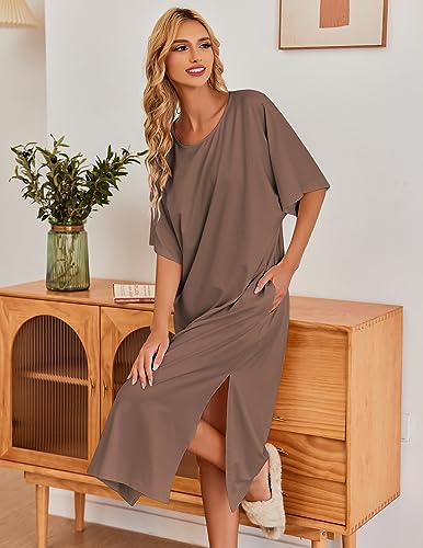Image of Ekouaer Women's Nightgown Short Sleeve Sleepshirt Long Loungewear Casual Maxi Lounge Dress House Dresses with Pockets