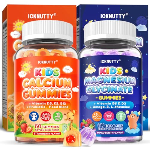 Kids Calcium Magnesium Supplement Gummies - Calcium Citrate 800mg with Magnesium Glycinate 200mg L-Theanine Vitamin D3 K2 & Omega-3 Multivitamin for Kids Day & Night Gummies - Vegan Sugar Free