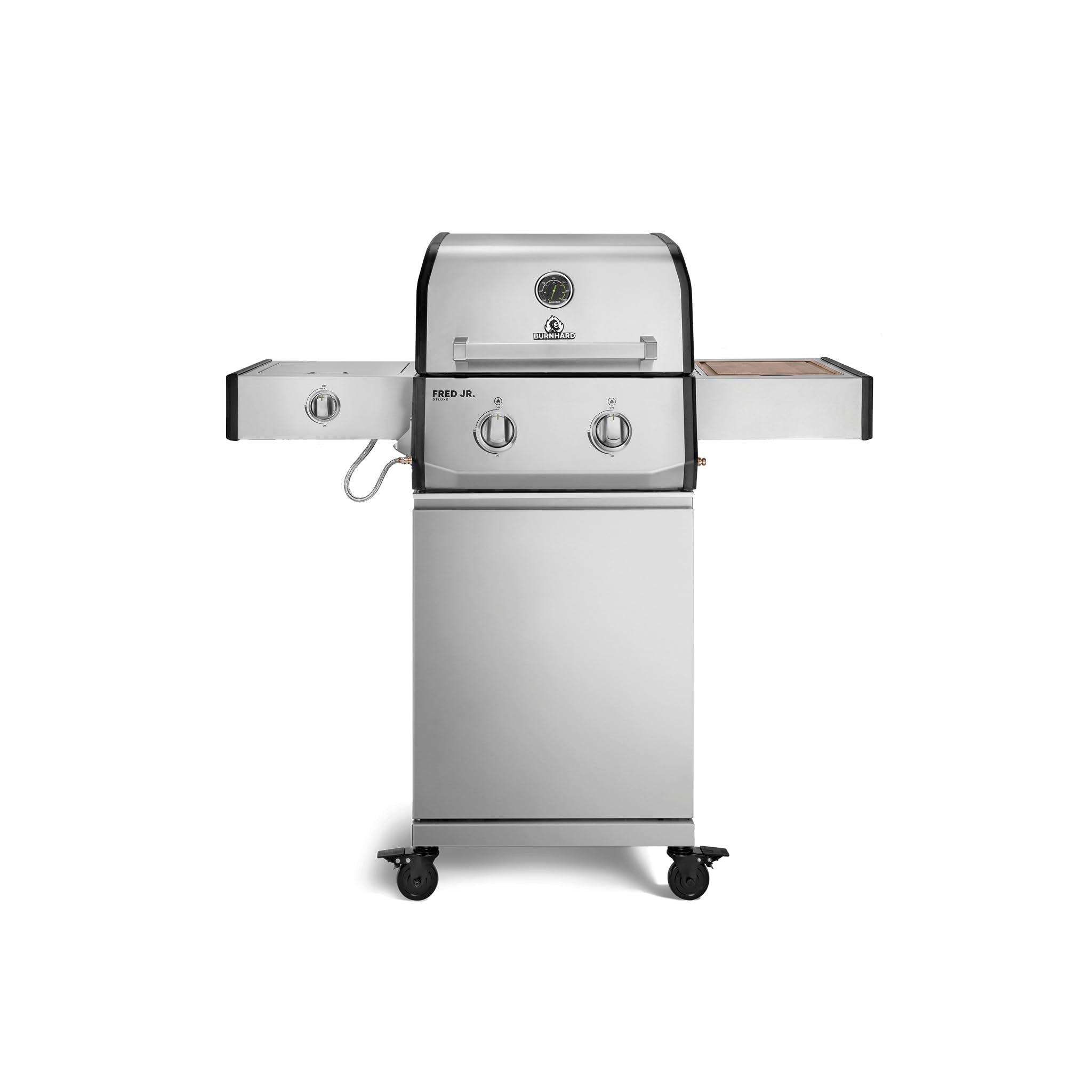 BURNHARD® Gasgrill 2-Brenner, 2x Edelstahl-Stabbrenner, 3,75 kW, Infrarot-Keramikbrenner, Seitentisch, Gussrost, Piezo-Zündung, kompakt, für 5 Personen – FRED Jr. Deluxe