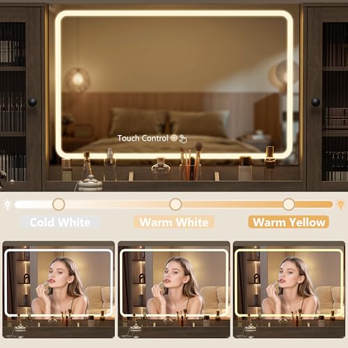 Image of Fluted Makeup Vanity Desk with Mirror and Lights, 55 inch Glass Top Vanity with 8 Drawers & 4 RGB Glass Cabinets, Adjustable Shelves & Power Outlet, Modern Dressing Table Set for Women Girls Bedroom