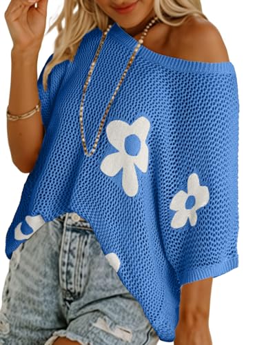 Image of Dokotoo Womens Floral Fashion Summer Tops 2026 Short Sleeve Crochet Sweaters Swimsuit Cover Ups Lightweight Knit Pullover