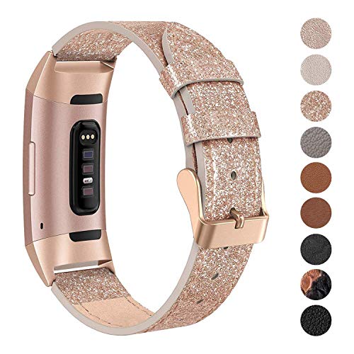 SWEES Leather Bands Compatible for Charge 3 & Charge 3 SE Fitness Tracker, Genuine Leather Band Strap Wristband Replacement for Women Men Small Large, Black, Rose Gold, Beige, Brown, Grey, Tan