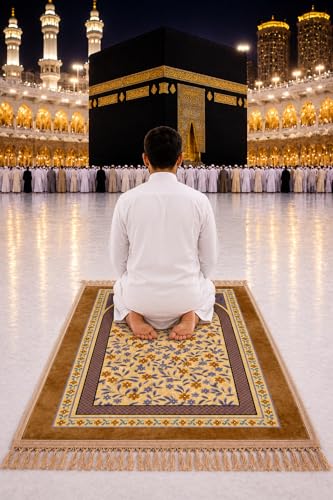 Image of Janamaz Prayer Mat Turkey Soft Velvet | Namaz Mat, Janimaz Namaz Aasan, Islamic Prayer Rug for Salah | 70x110 CM (Printed Golden)