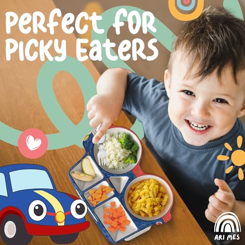 ARI MES - Divided Car Plate for Toddlers with Spoon and Fork - Fun, BPA-Free, Shatter- Resistant, Lightweight, Picky Eaters Kids Dinnerware Set, Children's Utensils