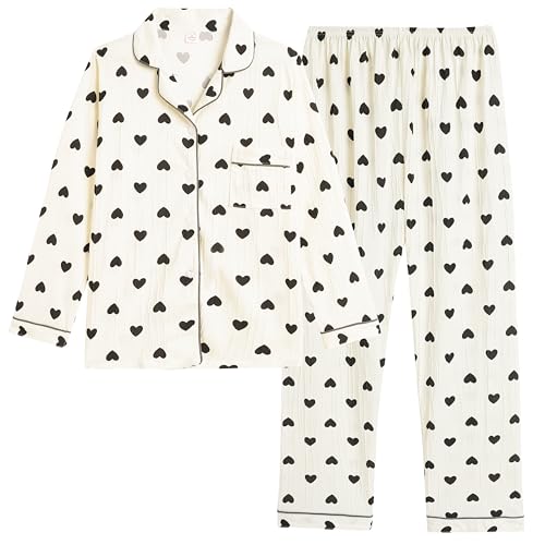 Vopmocld Big Girls Button Down Pajama Sets Crepe Soft Lapel Shirt Sleepwear Printed Lounge Set Long Sleeve Long Pants Nighty