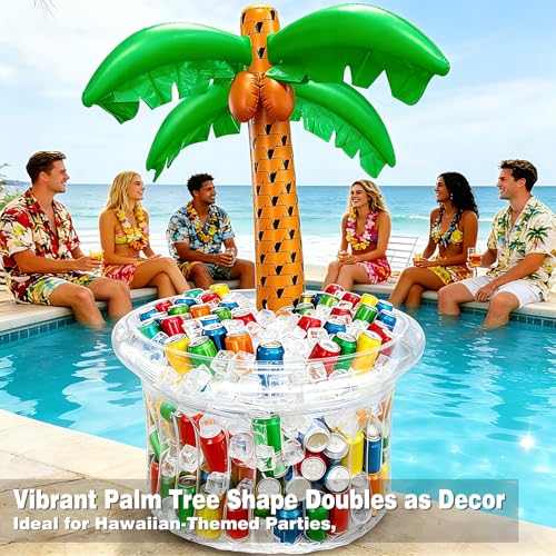 Image of 200+ Drinks Super Large Capacity Inflatable Palm Tree Cooler Pool Party Decoration, Luau Party Decor, Beach Hawaiian Birthday Party Supplies Tropical Themed Summer Outdoor Drink Cooler