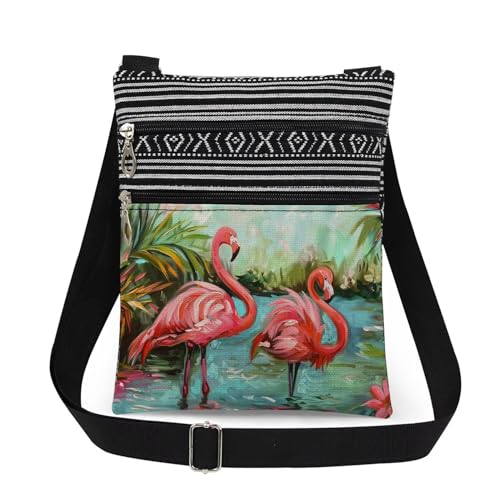 Tropical Flamingo Adjustable Shoulder Strap Crossbody Bag Pink Flamingo with Plant Messenger Bag Stylish Travel Crossbody Purse Birthday Gift for Animal Lover