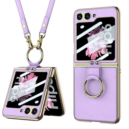 Image of BOUNCEBACK Electroplated Leatherette Case /Cover Ring with Strap for Samsung Galaxy Z Flip 6 / Galaxy Flip 7 FE (2025) Case Cover - (Purple | Faux Leather)