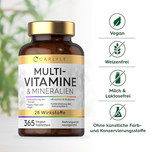 Multivitamin Tabletten Hochdosiert mit 28 Vitamine & Mineralien | 365 Vegane Stk | Immunsystem & Blutdruck (EFSA) | Nahrungsergänzungsmittel Frauen & Männer | Mineralstoffe Komplex | von Carlyle